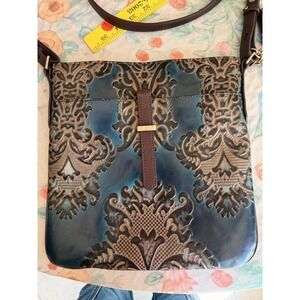 Brahmin Blue Bronze Damask Embossed Leather Crossbody Bag Tassel Big Style